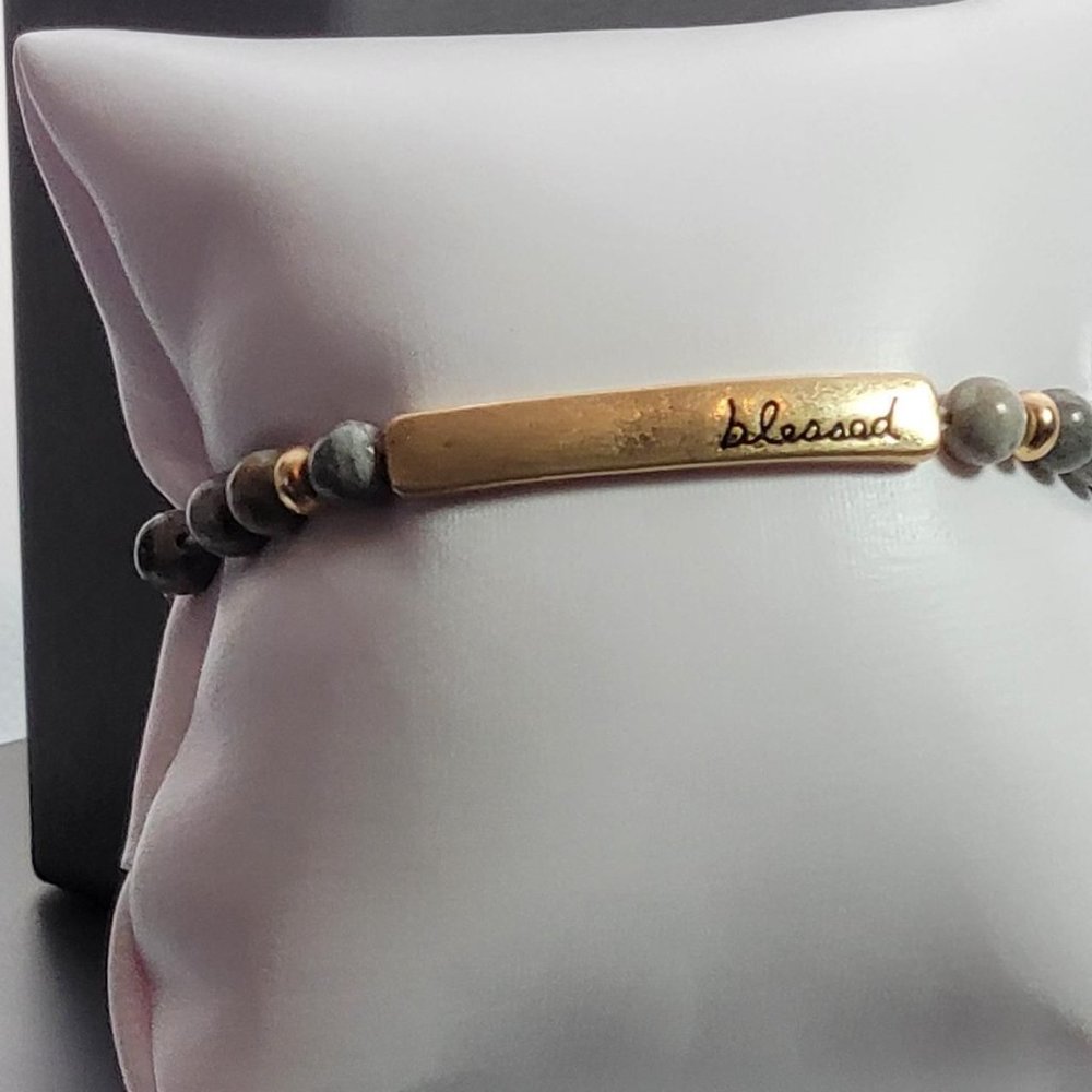 Womens Gray Natural Stone Beads Blessed Bead Stretch Bracelet Hand Crafted